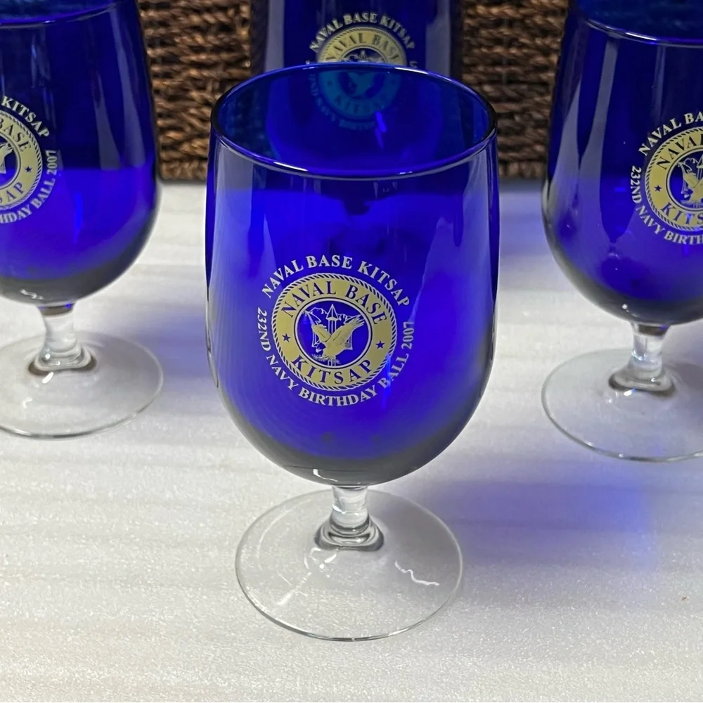Vintage Naval Base Kitsap 232nd Navy Birthday Ball 2007 Cobalt Blue Wine Glasses